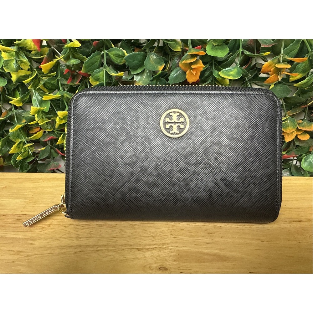 TORY BURCH‎ Leather Robinson Continental Zip Around Wallet in Luggage Black